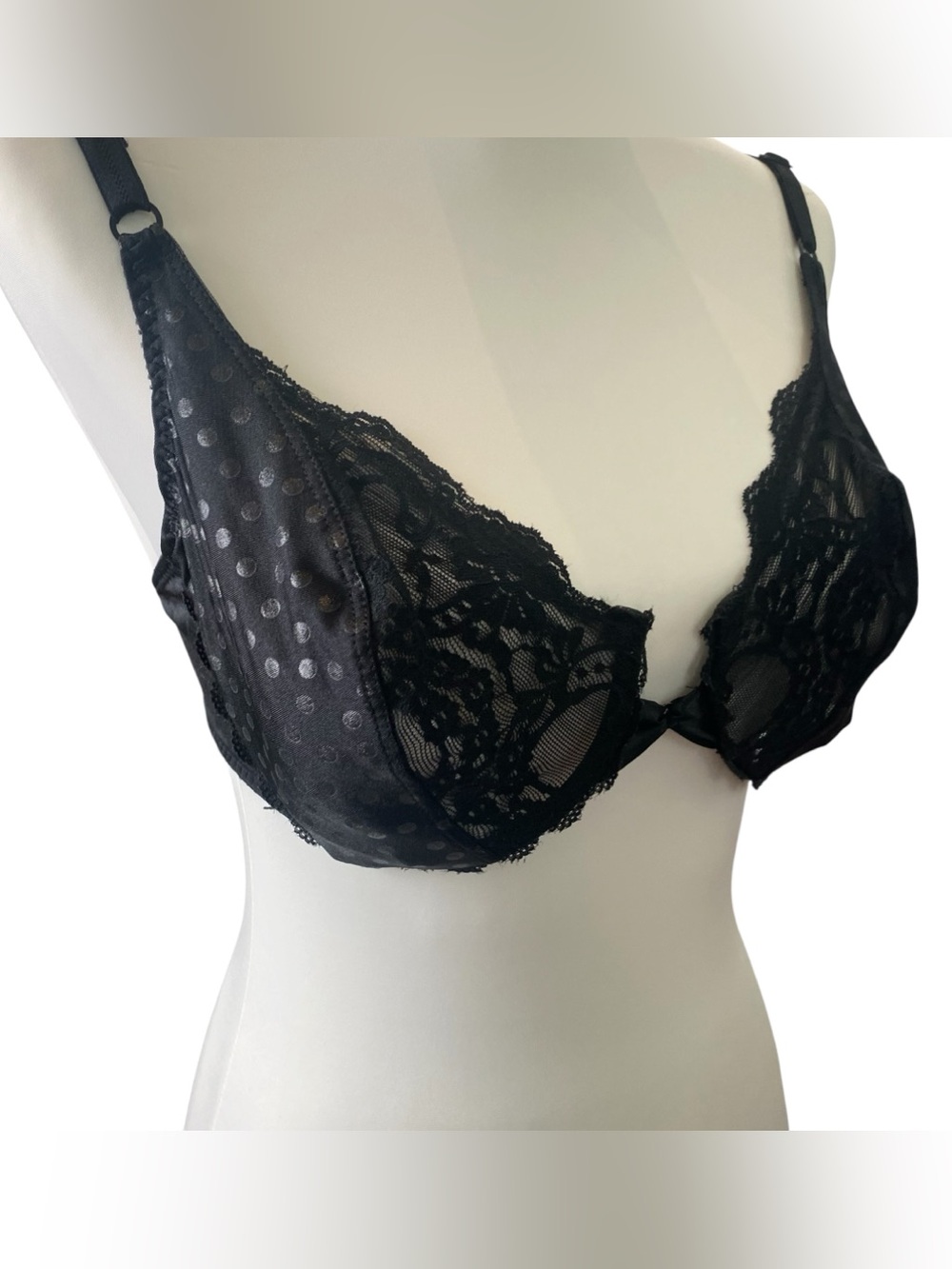 Vintage Valentino Intimo Black Lace Bra 36D Made in USA Polka Dot Satin Coquette